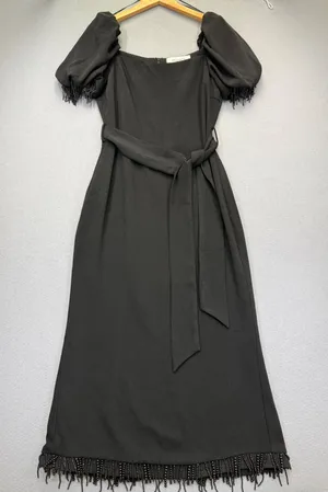 ELLIATT Black‎ Beaded Fringe Puff Sleeve Square Neck Midi Dress Womens Large L thumbnail 1