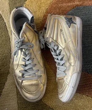 Golden Goose Slide High Top Sneakers Shoes Gold Sequins Star Leather US Size 7 thumbnail 1