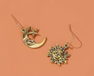 Gold Sun Man in the Moon Earrings, Mismatch Asymmetrical Dangle, Vintage Style thumbnail 2