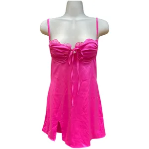 Hot Pink Satin Lace Slip Mini Dress NWT Size Small Ruched Spaghetti Strap Party thumbnail 4