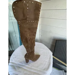 New Venus Faux Suede Studded Over the knee Taupe Boots thumbnail 2