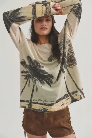 Free People Oversized Bohemian Palm Tree Kai Long-Sleeve Top Tee XL NWT Beach thumbnail 1