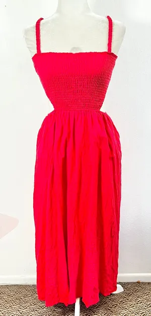 Seven Wonders‎ Red Smocked Midi Dress Womens Medium Pockets Beach Vacation thumbnail 1