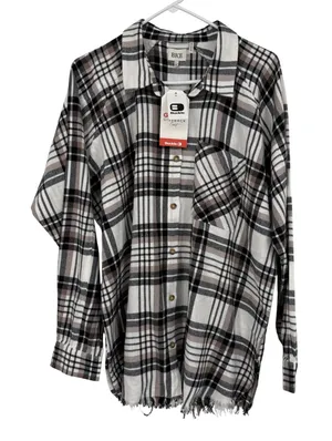 BKE Boyfriend Plaid Flannel Shirt Cream Chocolate Black Frayed Hem Large‎ NWT thumbnail 1