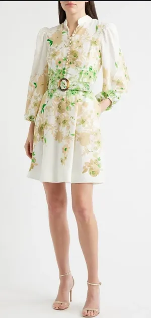 Tahari Border Print Belted Long Sleeve Dress Ivory Fern thumbnail 1