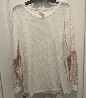White Waffleknit top with Pink cheetah and lace accents Long Sleeve Top by BiBi thumbnail 1