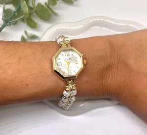 Vintage style gold tone pearl watch thumbnail 5