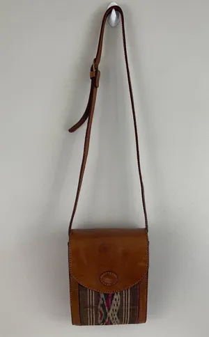 Vintage Southwestern Light Brown Faux Leather Tapestry Panel Crossbody Bag Purse thumbnail 1
