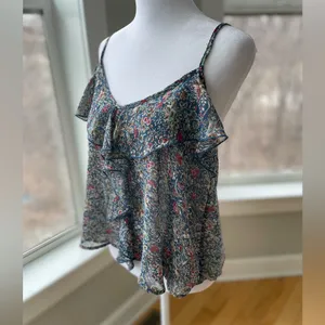 Vintage Y2K About A Girl Y2K Sheer Navy Floral Crop Ruffle Cami Tank Top Medium thumbnail 5