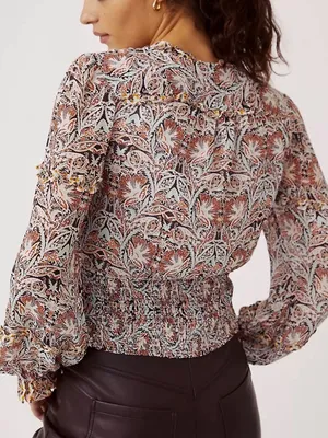 EUC Anthropologie Ruffled Smocked Surplice Top Floral Size Medium thumbnail 2