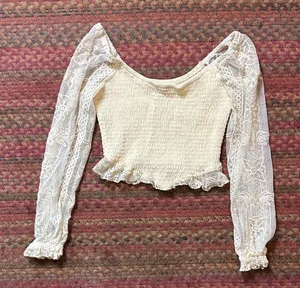 Jolt Boho Cream Ruched Lace Long Sleeve Crop Top thumbnail 1