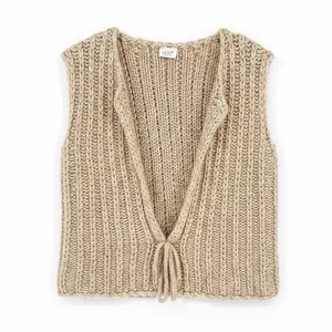 LE LIS Beige Chunky‎ Cable Ribbed Knit Sweater Vest Medium Tan Open Front Tie thumbnail 2