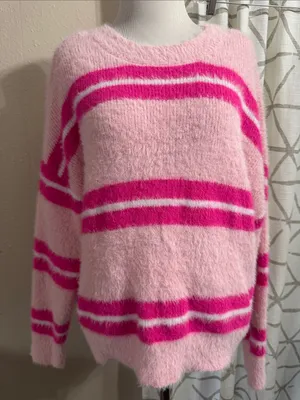 No Boundaries Pink Fuzzy Crewneck Sweater with Hot Pink Stripes thumbnail 1