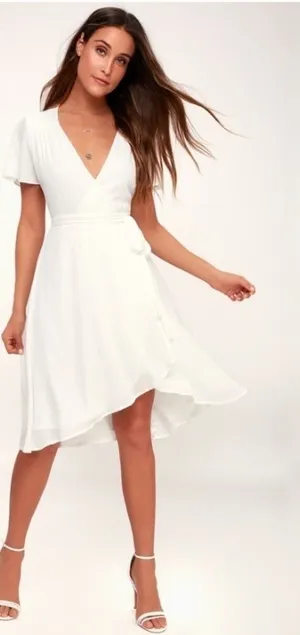 LULU's Elegant Wedding Bridal Shower Engagement Flowy White Chic Midi Dress thumbnail 1