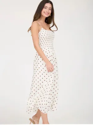 Blu Pepper White Polka Dot Smocked Basque Waist Midi Dress Medium thumbnail 7