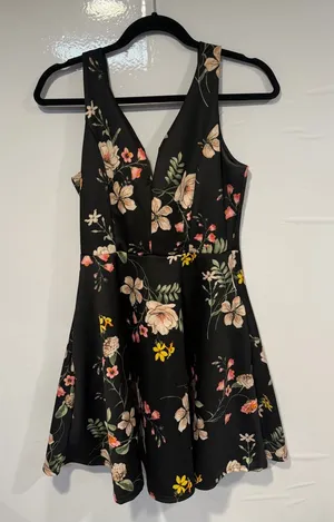 Altar’d‎ State Floral Fit-and-Flare Black Dress with Pink & Yellow Blooms thumbnail 1