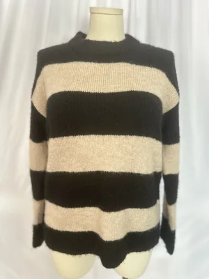 Magaschoni Striped Sweater Black Beige Alpaca Blend Cozy Soft Size M (1271) thumbnail 2