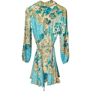 Dress Forum LA Patchwork Jade Belt‎ Floral Mini Shirt Dress Bubble Sleeve S thumbnail 5