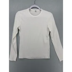 Uniqlo Womens Ribbed Long Sleeve Top White Crew Neck Minimalist‎ M thumbnail 2