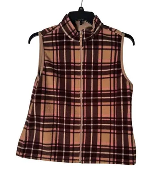 Vintage Y2K Fleece Mountain Lake Brown/Pink Plaid Vest Sleeveless‎ Women's L thumbnail 1