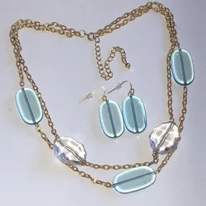Elegant Gold Tone and Blue Necklace Earrings Jewelry Set thumbnail 1