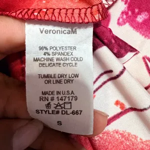 Veronica M Jenny Abstract V-Neck Shirred Shoulder Maxi‎ Dress Pink Orange S NEW thumbnail 5