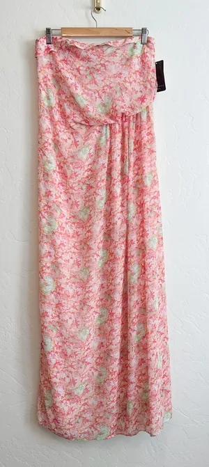 Zara | NWT‎ Floral Chiffon Strapless Tube Maxi Dress in Pink | Medium thumbnail 1