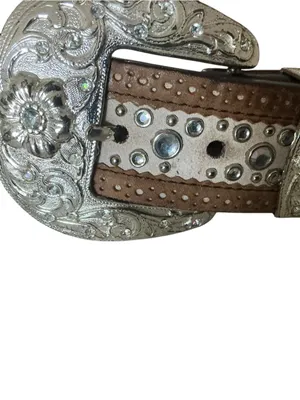 90s Vtg ARIAT belt brown embroidered leather silver floral buckle & rhinestones thumbnail 3