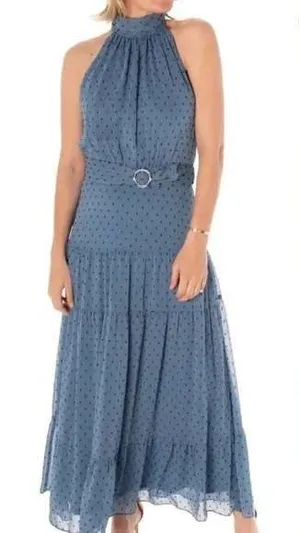 Taylor Womens Maxi Dress Blue Polka Dot Swiss Halter‎ Neck Belted Sleeveless 6 thumbnail 1