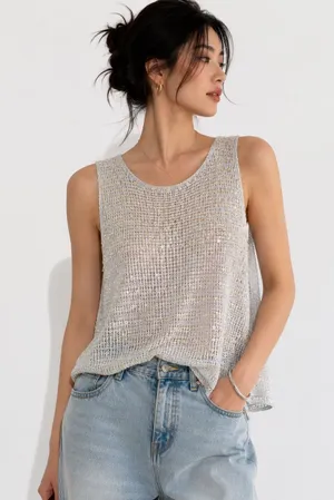 Valenti Vintage Crochet Knit Hand-Beaded Sequin White sleeveless Tank Top Size S thumbnail 1