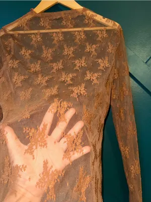 Sheer Floral Lace Mock Neck Long Sleeve Mesh Top Romantic Boho Y2K Brown Size XL thumbnail 4
