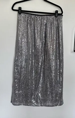 NWT‎ Le Soir Molly Bracken Alaya Silver Gray Sequin Long Skirt Size Large thumbnail 1