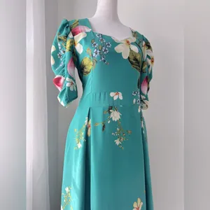 Minh Phuong Teal Floral Print Sweetheart Neckline Half Sleeve Maxi Dress thumbnail 4