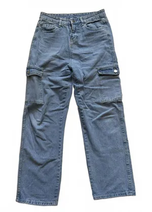 Denim Cargo Pants Utility Stretchy High Waist Wide Leg Pockets Women's Size 29 thumbnail 1