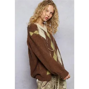 POL V-Neck Argyle Pattern Mohair Sweater with‎ Contrast Exposed Stitch Detail thumbnail 14