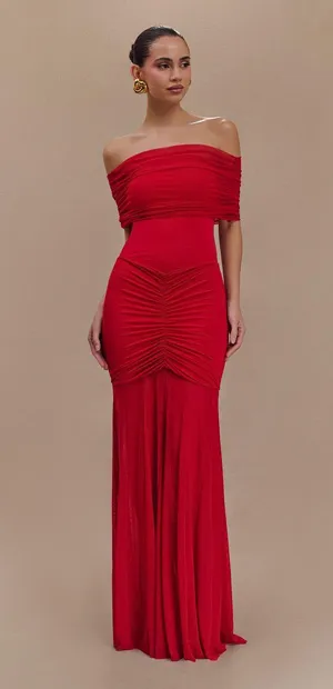 Slinky And Mesh Off Shoulder Maxi Dress thumbnail 1
