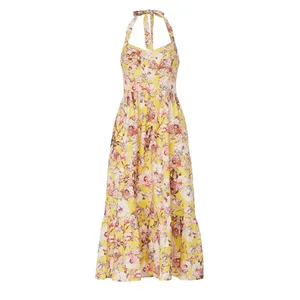 Bardot Labella Midi Dress Yellow Floral Size 6 Linen Bustier Halter Vintage Vibe thumbnail 3
