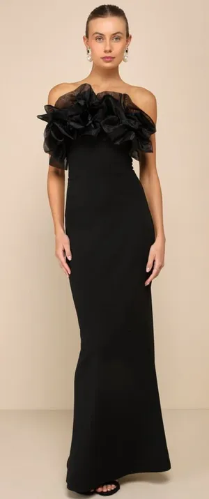 Lulus Evening Excellence Black Ruffled Strapless Mermaid Maxi Dress size XS NWT thumbnail 1