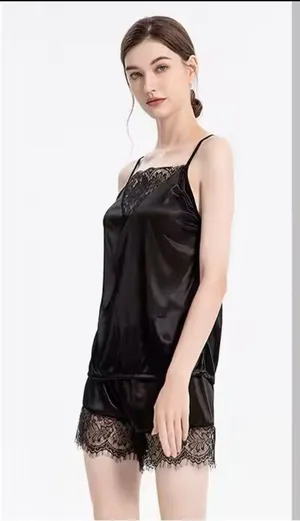 Ice Silk Lace edge 2pc set: shorts + sleeveless top Home wear Pajama Lingerie thumbnail 7