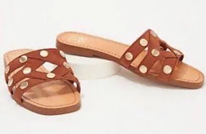 Vince Camuto Vazista Brown Leather Gold Studded Slide Sandals Size 8 thumbnail 1