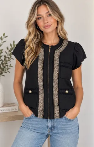 BCBG Max Azria Women’s XS Tweed Trim Jacket Top Black Gold Chain Zip thumbnail 1