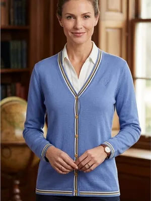 St. Aumont Golf Cardigan Women's Large Light Blue Button Front V-Neck‎ Striped thumbnail 2