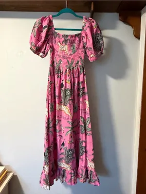 Mary Marshmallow Pink Jungle Animal Smocked Maxi Dress S thumbnail 2