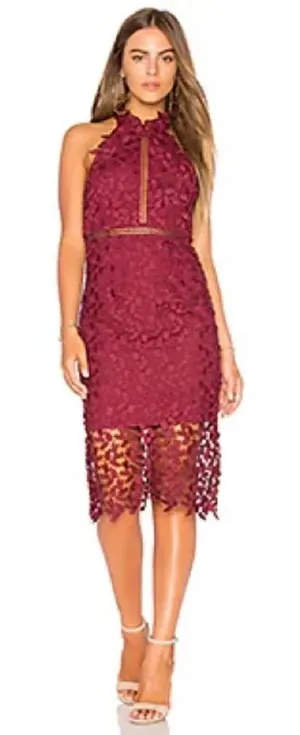 Bardot Gemma Leaf embroidered burgundy dress halter top x Revolve thumbnail 1