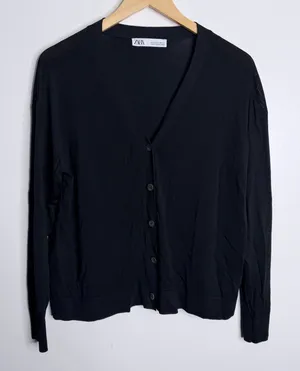 Zara Black V-Neck Cardigan Button Front Small Minimalist Workwear Casual Office thumbnail 1