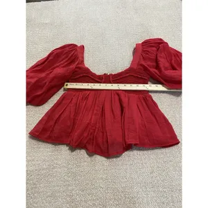 Sofie the label Red Puff Sleeve Smocked Ruffle Cropped Top Square Neck Size S thumbnail 10
