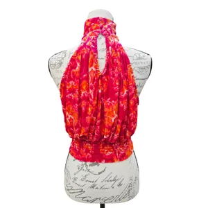 Free People -1853 Take‎ A Break Velvet Floral Orange Halter Top Blouse XS thumbnail 4