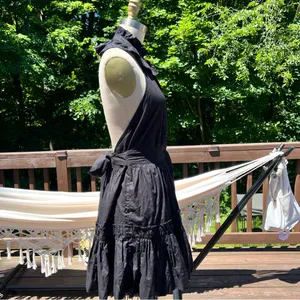 Anthropologie Black V-Neck Belted Halter Mini Dress Size Small thumbnail 10
