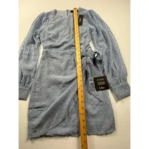 Lulus Light Blue Swiss Dot‎ Long Sleeve Wrap Mini Dress XXS New With Tags thumbnail 3
