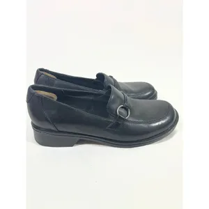 Clarks Leather Loafers Women 8 Black Silver Ring Detail Low Block‎ Heel Slip On thumbnail 3